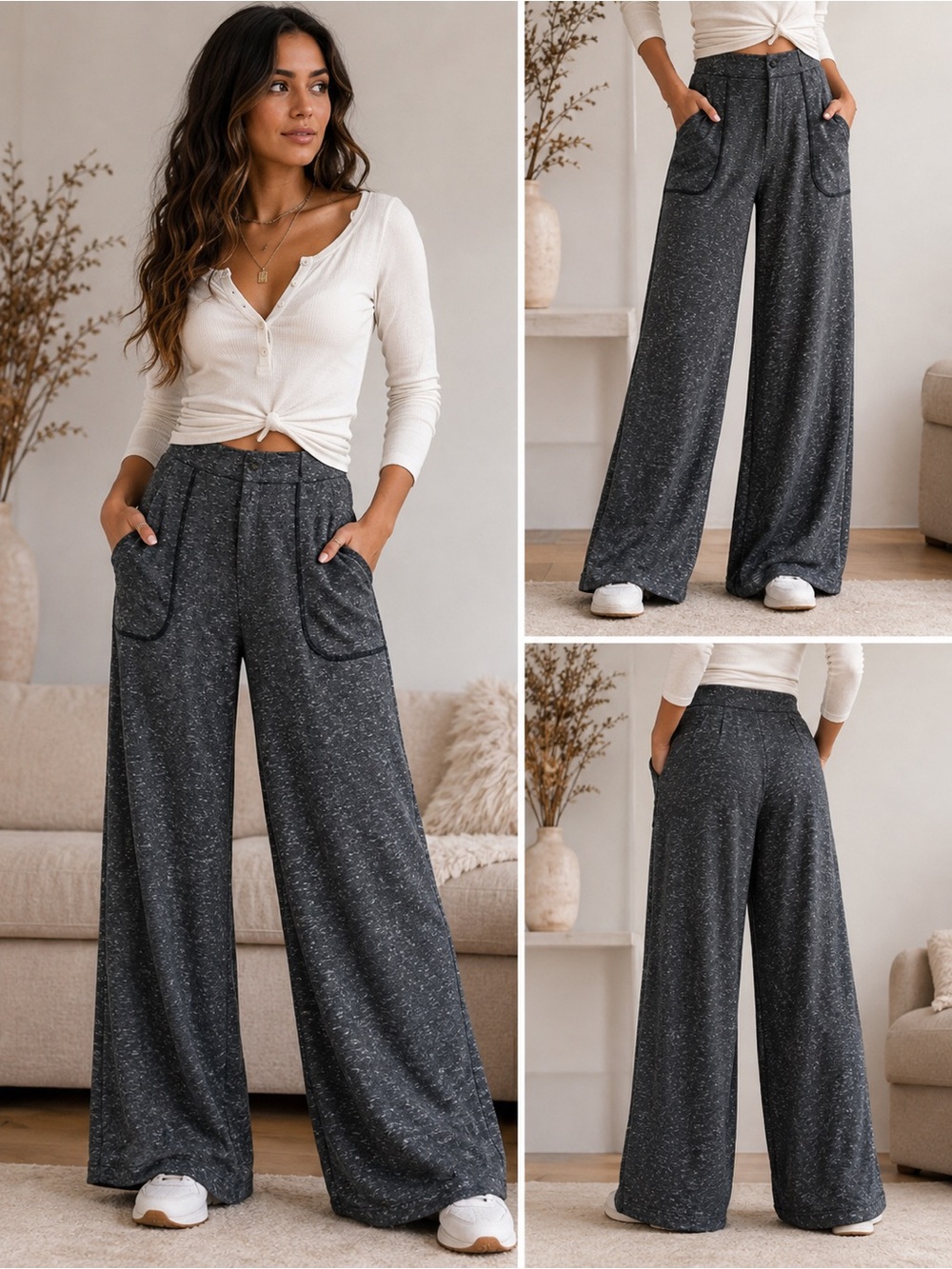 Free People Black Marled Wide Leg Trouser Pants XS NWT Piped Pockets